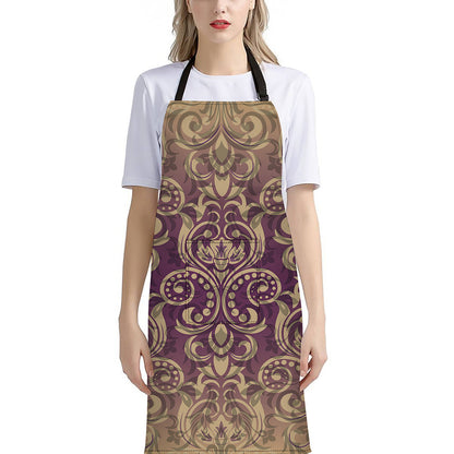 Vintage Western Damask Floral Print Bib Apron With Pocket