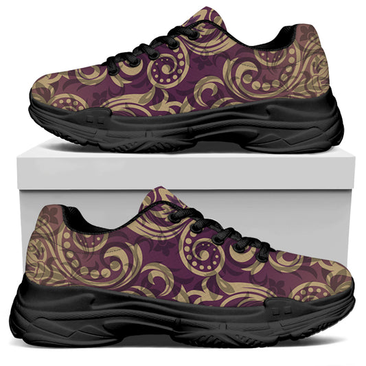Vintage Western Damask Floral Print Black Chunky Shoes