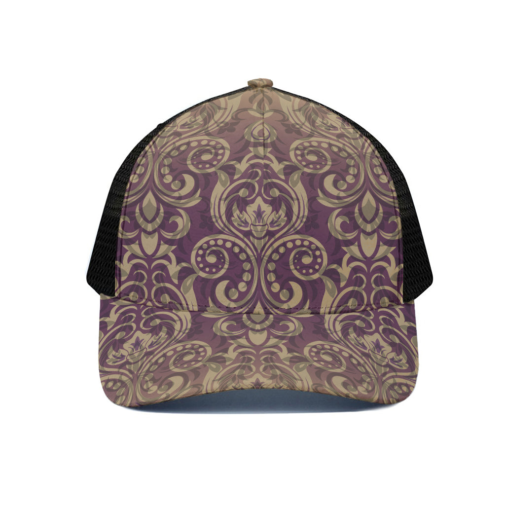Vintage Western Damask Floral Print Black Mesh Trucker Cap