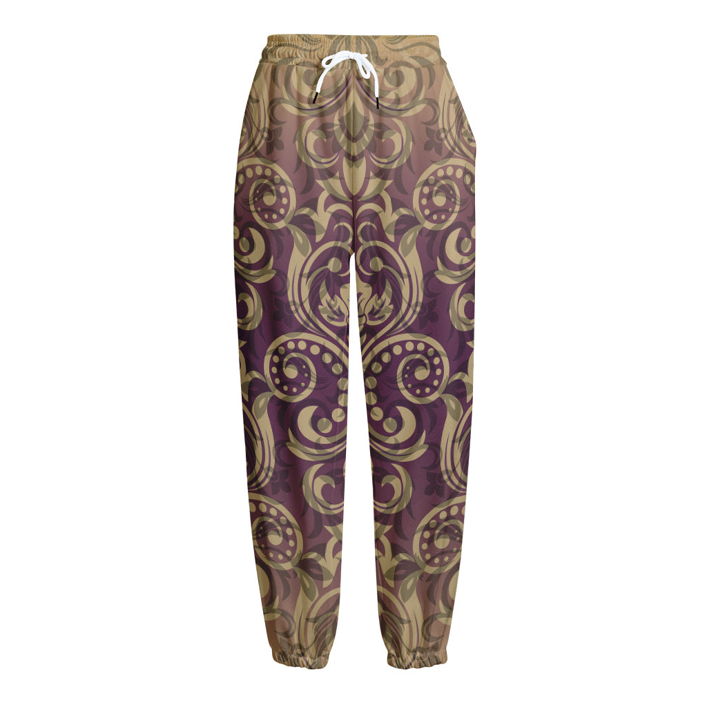 Vintage Western Damask Floral Print Fleece Lined Knit Pants