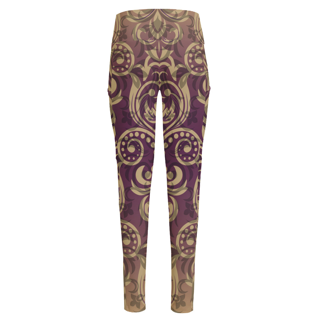 Vintage Western Damask Floral Print High-Waisted Pocket Leggings
