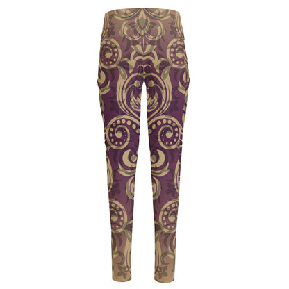 Vintage Western Damask Floral Print High-Waisted Pocket Leggings