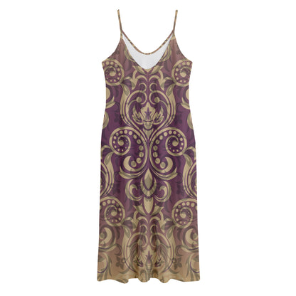 Vintage Western Damask Floral Print Jersey Midi Cami Dress