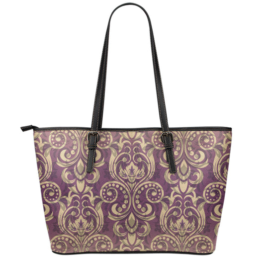 Vintage Western Damask Floral Print Leather Tote Bag