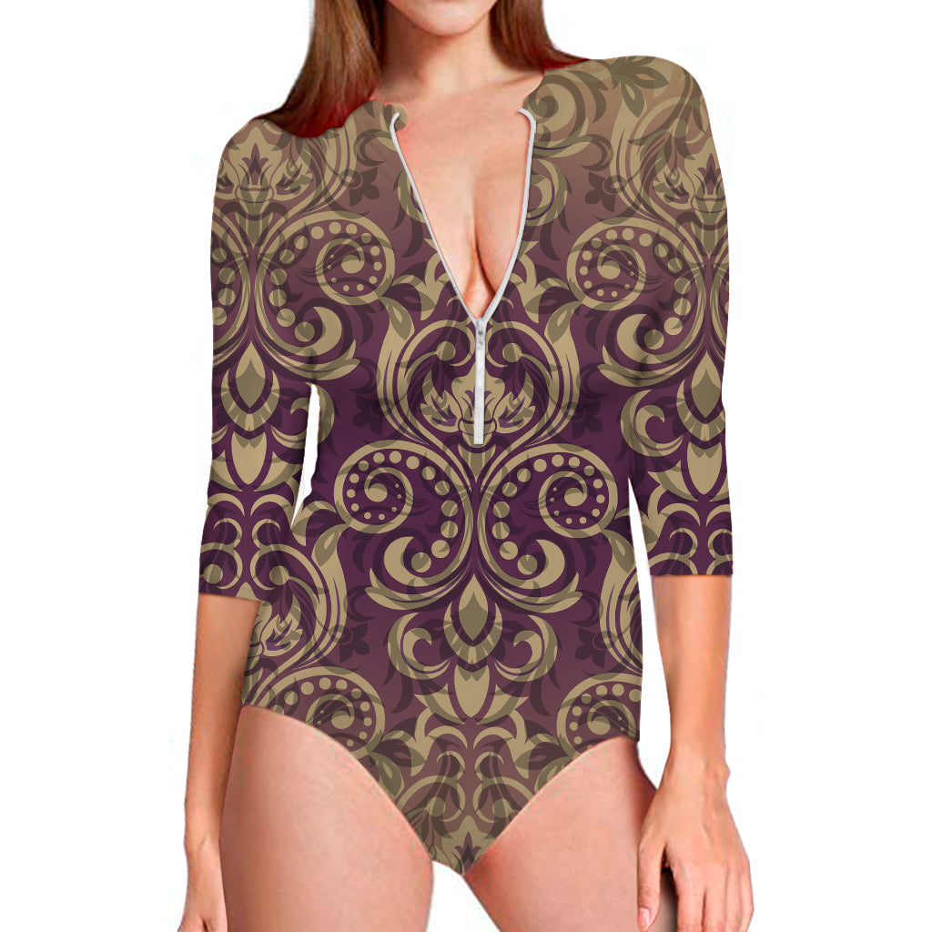 Vintage Western Damask Floral Print Long Sleeve Swimsuit
