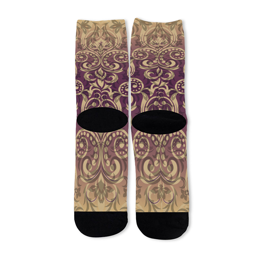 Vintage Western Damask Floral Print Long Socks