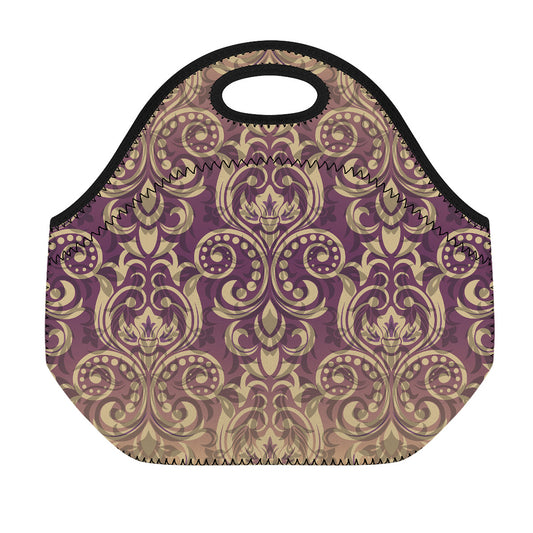 Vintage Western Damask Floral Print Neoprene Lunch Bag