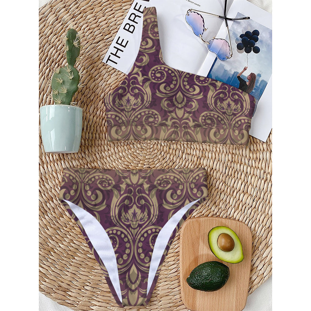 Vintage Western Damask Floral Print One Shoulder Bikini Top