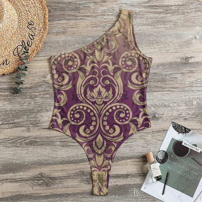 Vintage Western Damask Floral Print One Shoulder Bodysuit