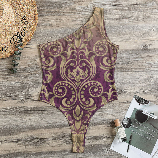 Vintage Western Damask Floral Print One Shoulder Bodysuit