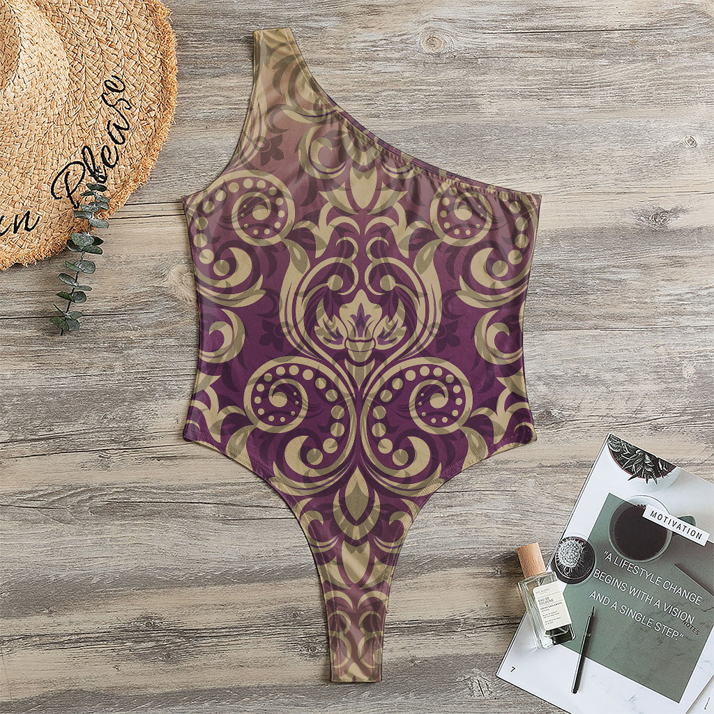Vintage Western Damask Floral Print One Shoulder Bodysuit