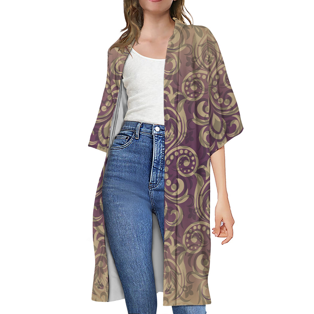 Vintage Western Damask Floral Print Open Front Beach Cover Up
