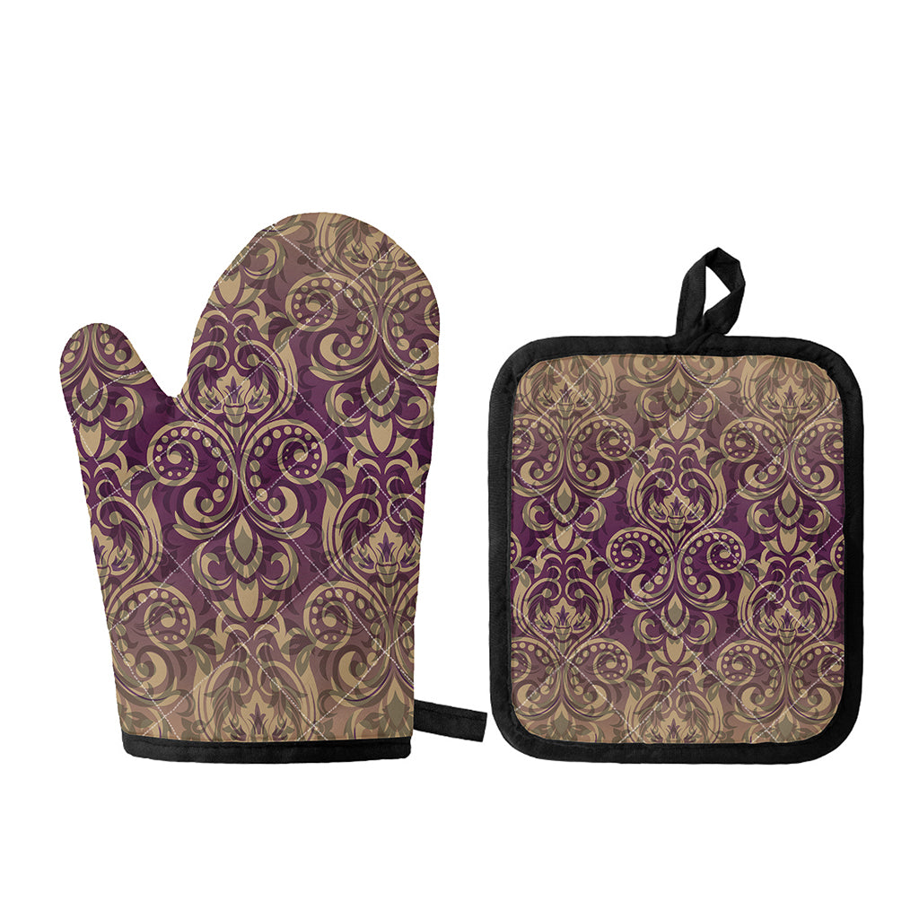 Vintage Western Damask Floral Print Oven Mitt And Pot Holder Set