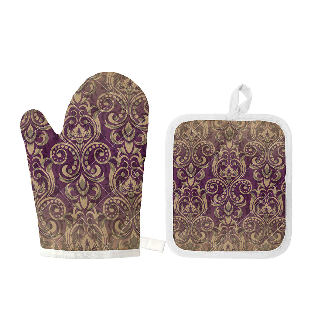Vintage Western Damask Floral Print Oven Mitt And Pot Holder Set