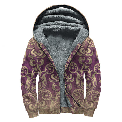 Vintage Western Damask Floral Print Sherpa Lined Zip Up Hoodie