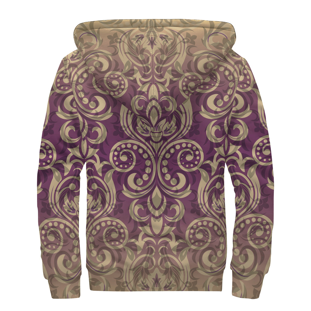Vintage Western Damask Floral Print Sherpa Lined Zip Up Hoodie