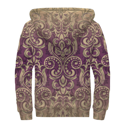 Vintage Western Damask Floral Print Sherpa Lined Zip Up Hoodie