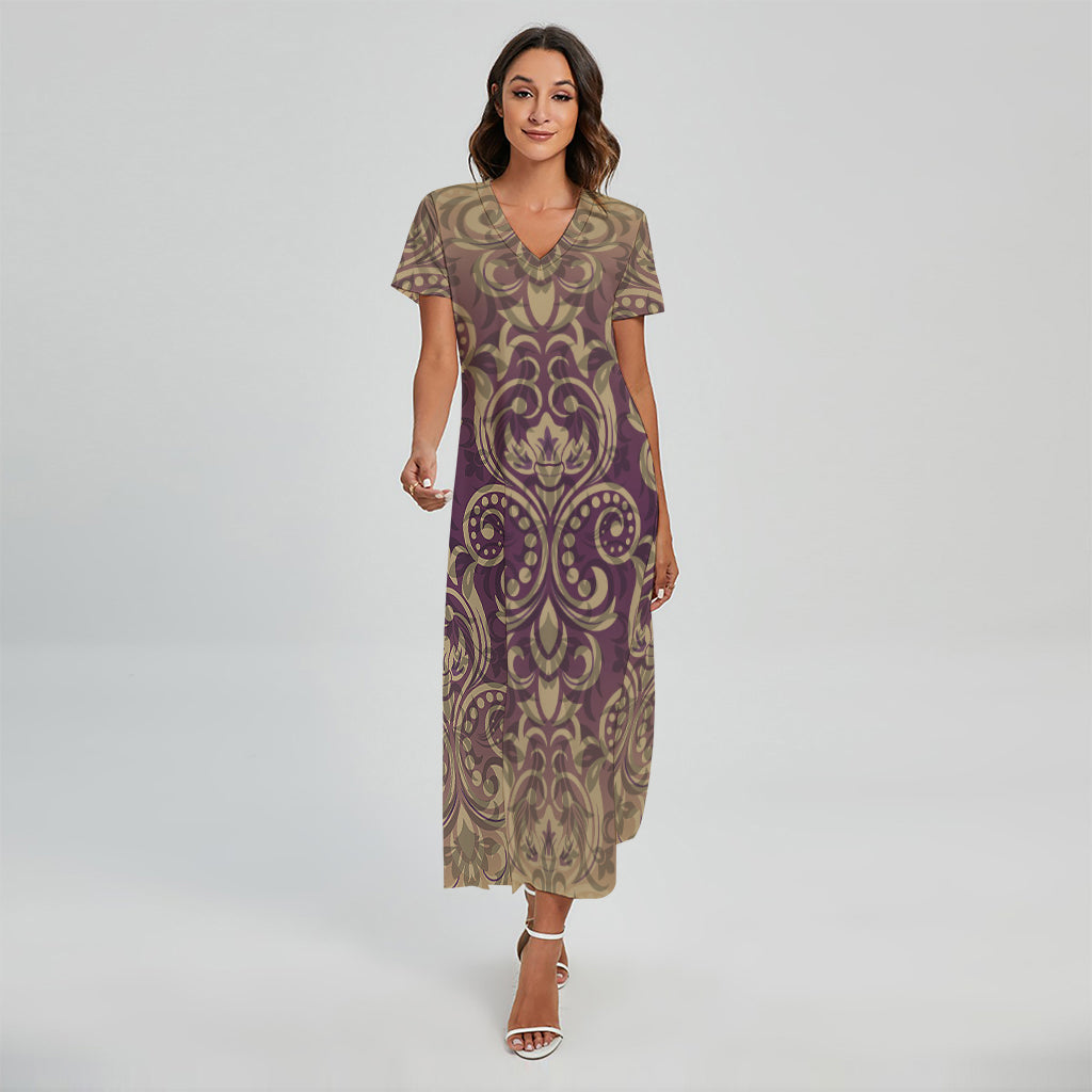 Vintage Western Damask Floral Print Short Sleeve Maxi Dress