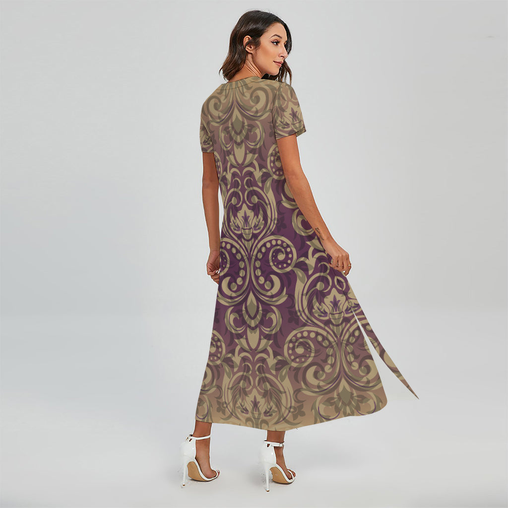 Vintage Western Damask Floral Print Short Sleeve Maxi Dress