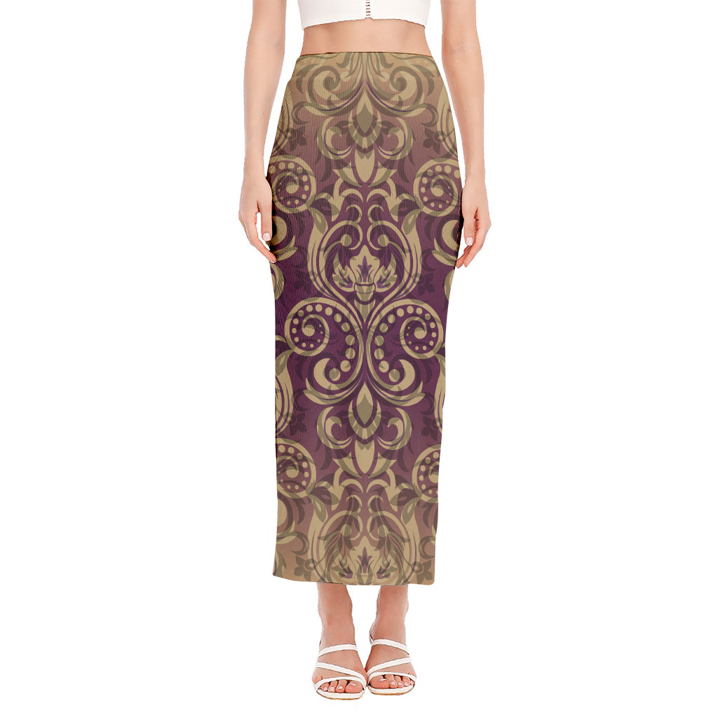 Vintage Western Damask Floral Print Side Slit Maxi Skirt