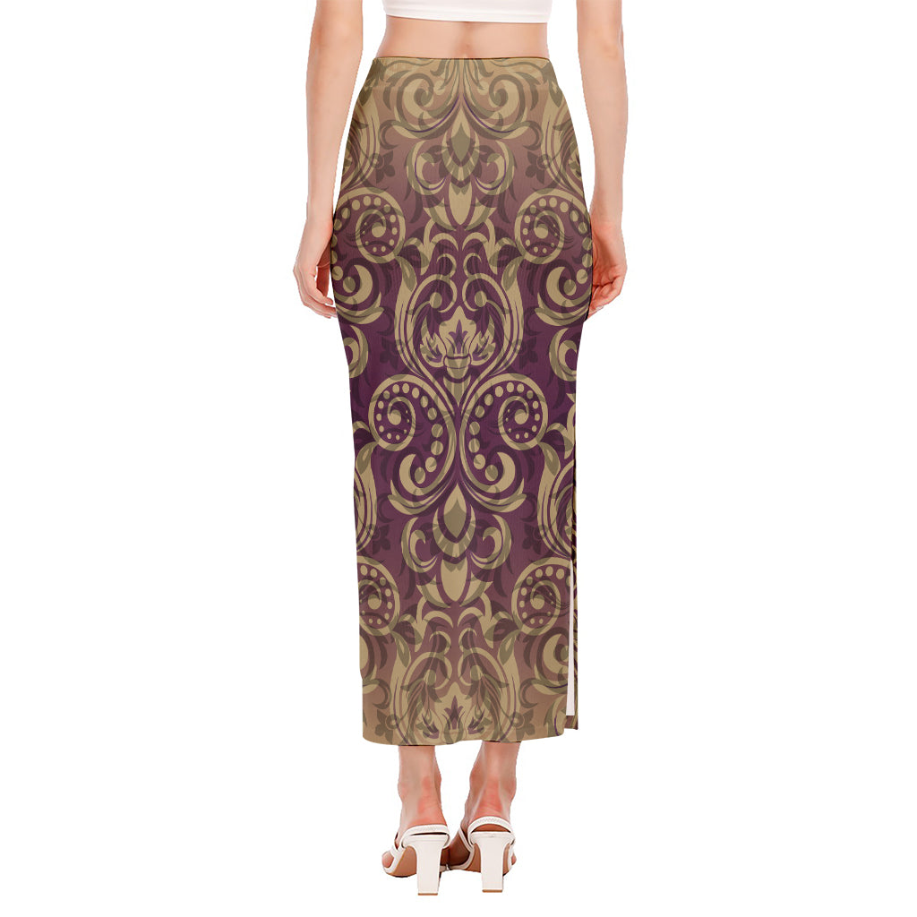 Vintage Western Damask Floral Print Side Slit Maxi Skirt