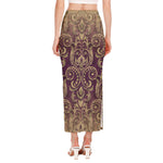 Vintage Western Damask Floral Print Side Slit Maxi Skirt