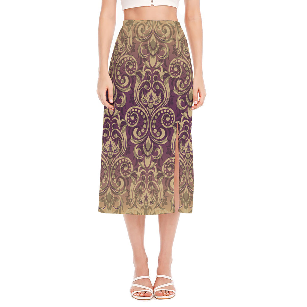 Vintage Western Damask Floral Print Side Slit Midi Skirt