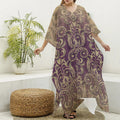 Vintage Western Damask Floral Print Silk V-Neck Kaftan Dress