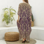 Vintage Western Damask Floral Print Silk V-Neck Kaftan Dress