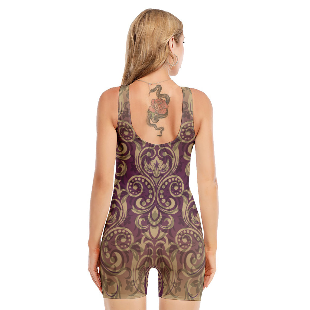 Vintage Western Damask Floral Print Sleeveless One Piece Swimsuit