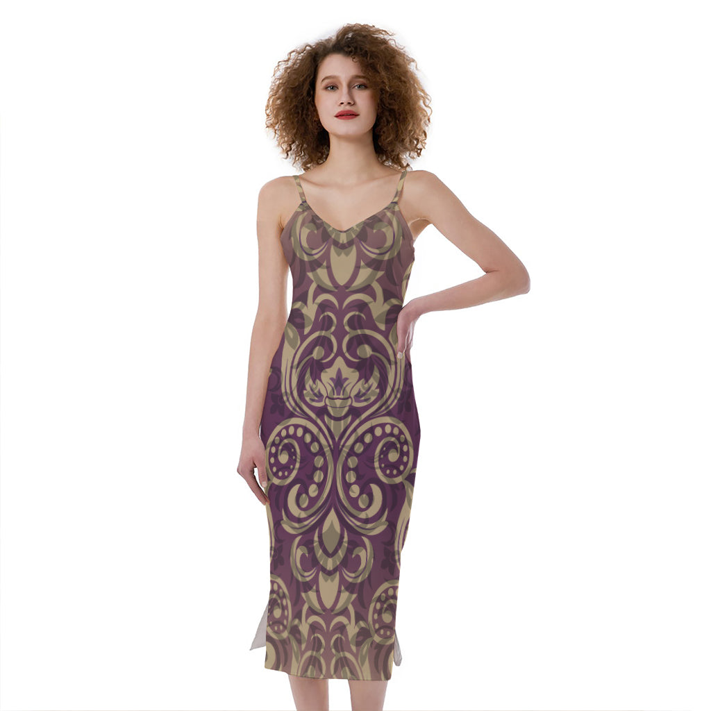 Vintage Western Damask Floral Print Slim Fit Midi Cami Dress