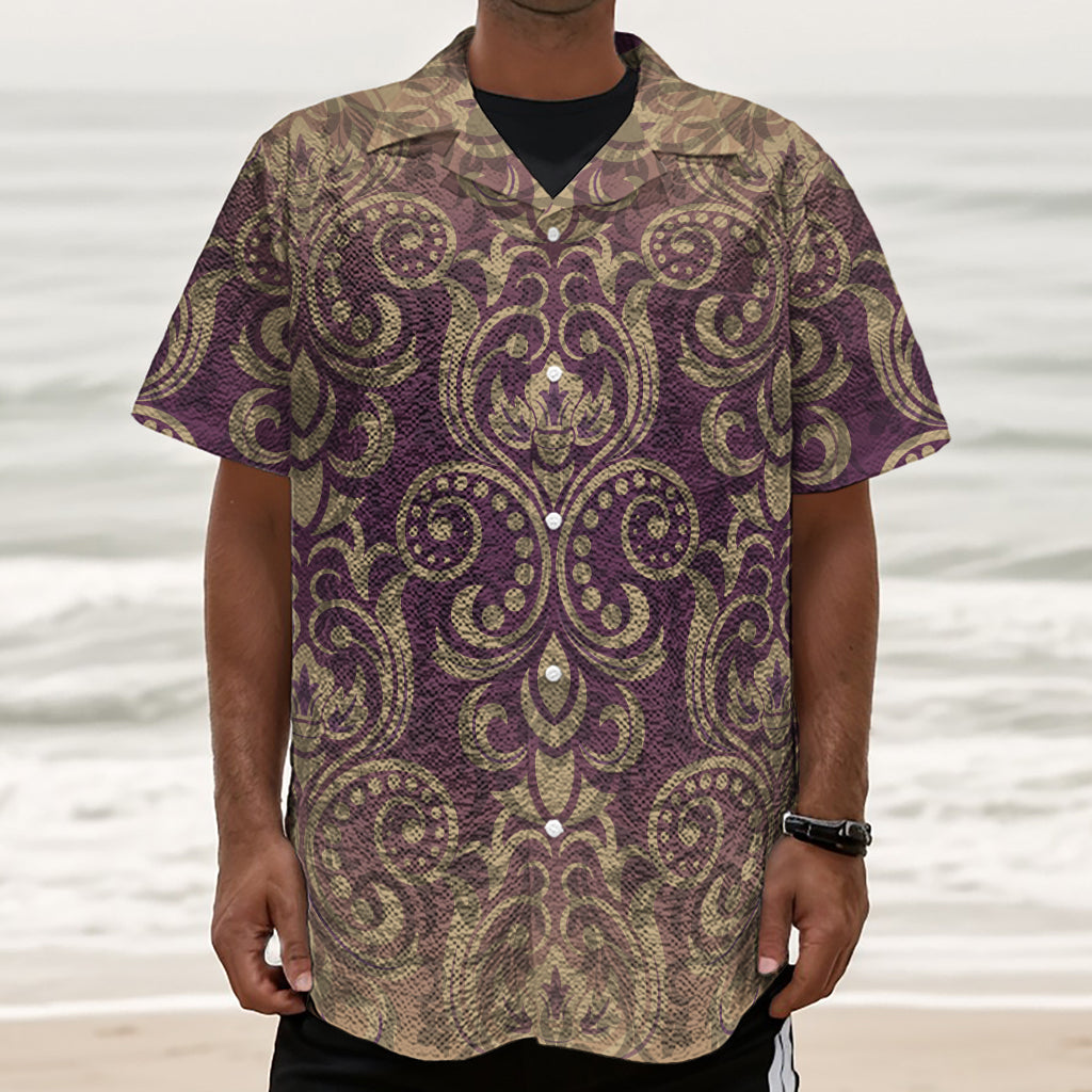 Vintage Western Damask Floral Print Textured Short Sleeve Shirt