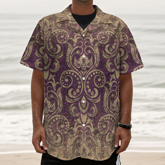 Vintage Western Damask Floral Print Textured Short Sleeve Shirt