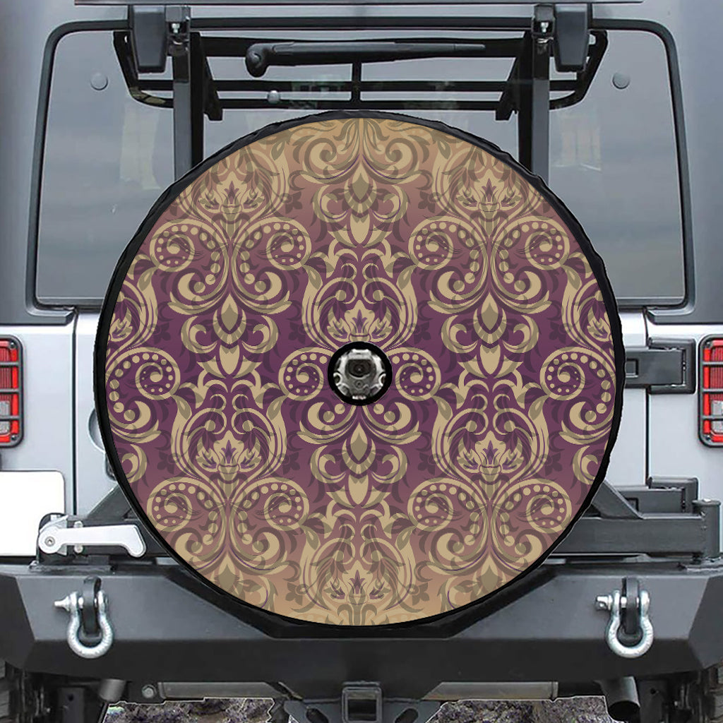 Vintage Western Damask Floral Print Tire Cover With Camera Hole