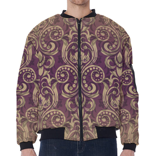 Vintage Western Damask Floral Print Zip Sleeve Bomber Jacket