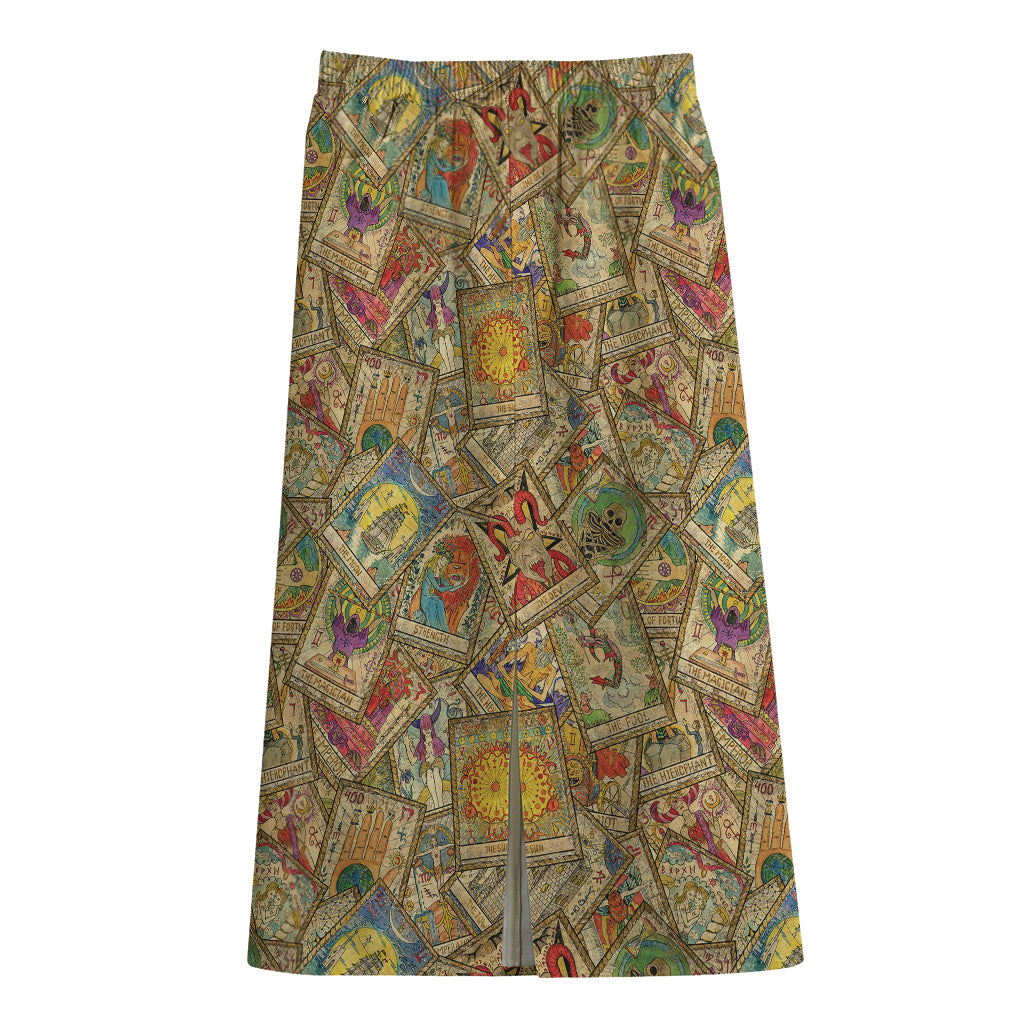 Vintage Wicca Tarot Card Print Cotton Front Slit Maxi Skirt