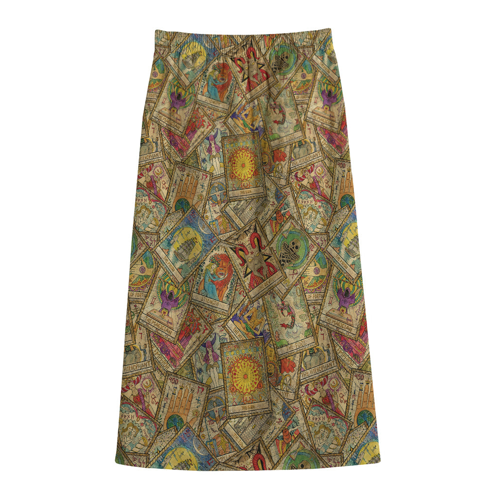 Vintage Wicca Tarot Card Print Cotton Front Slit Maxi Skirt