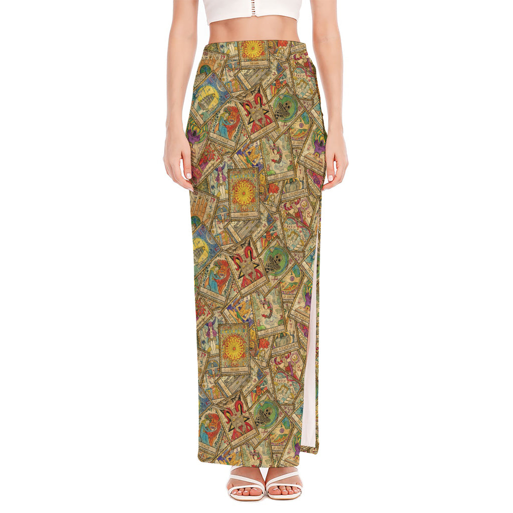 Vintage Wicca Tarot Card Print High Slit Maxi Skirt