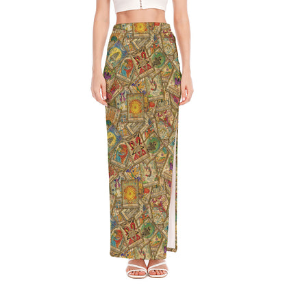 Vintage Wicca Tarot Card Print High Slit Maxi Skirt