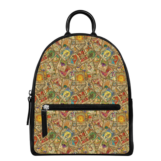 Vintage Wicca Tarot Card Print Leather Backpack
