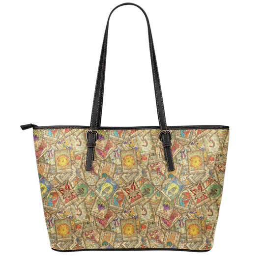 Vintage Wicca Tarot Card Print Leather Tote Bag