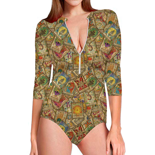 Vintage Wicca Tarot Card Print Long Sleeve Swimsuit