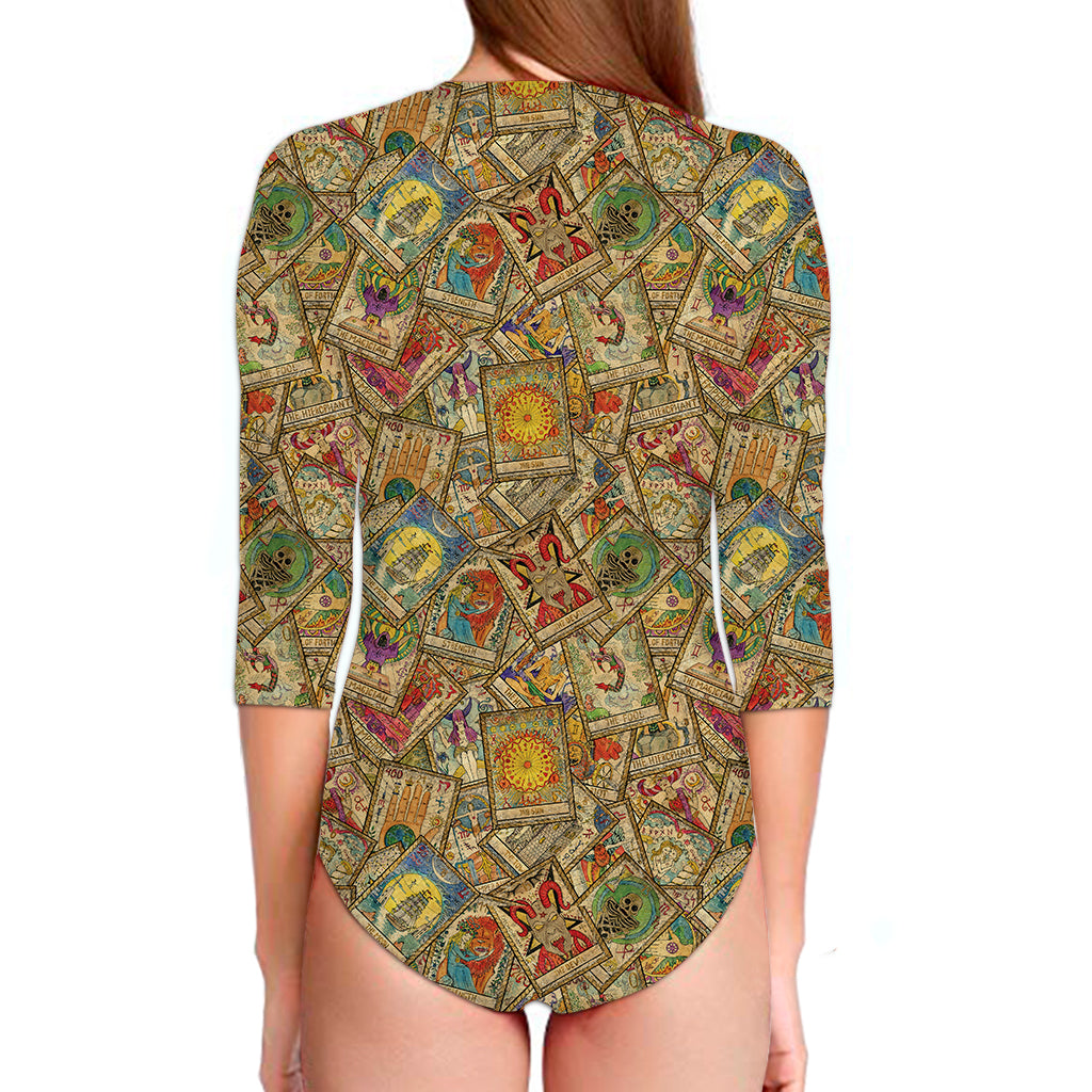 Vintage Wicca Tarot Card Print Long Sleeve Swimsuit