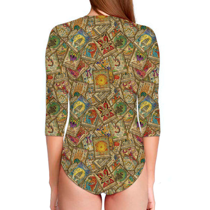 Vintage Wicca Tarot Card Print Long Sleeve Swimsuit