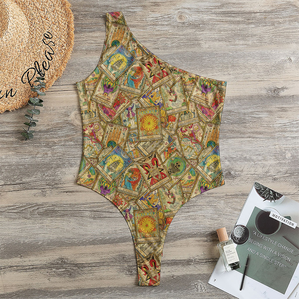 Vintage Wicca Tarot Card Print One Shoulder Bodysuit