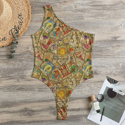 Vintage Wicca Tarot Card Print One Shoulder Bodysuit