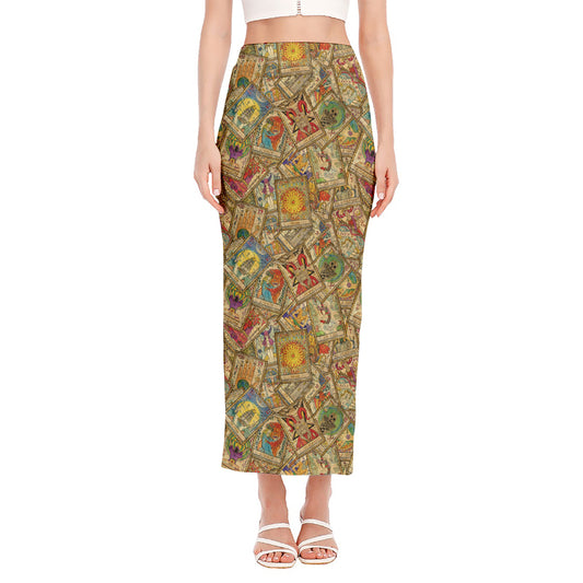 Vintage Wicca Tarot Card Print Side Slit Maxi Skirt