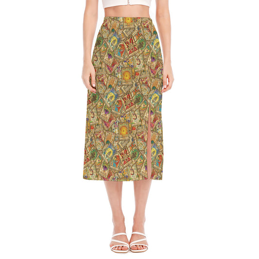 Vintage Wicca Tarot Card Print Side Slit Midi Skirt