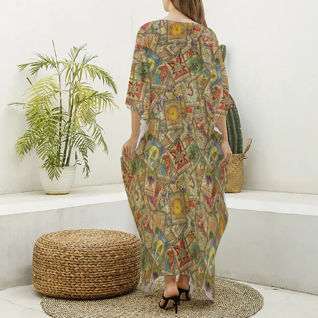 Vintage Wicca Tarot Card Print Silk V-Neck Kaftan Dress