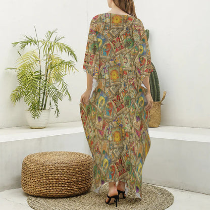 Vintage Wicca Tarot Card Print Silk V-Neck Kaftan Dress